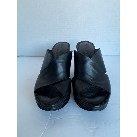 Born Black Leather Criss Cross Wide Straps Platform Wedge Slip On Sandals Size 8 - Picture 3 of 12